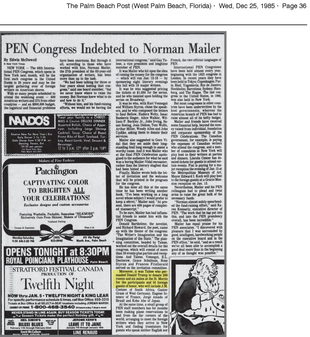 Pen Congress indebted to Mailer and Donald Trump