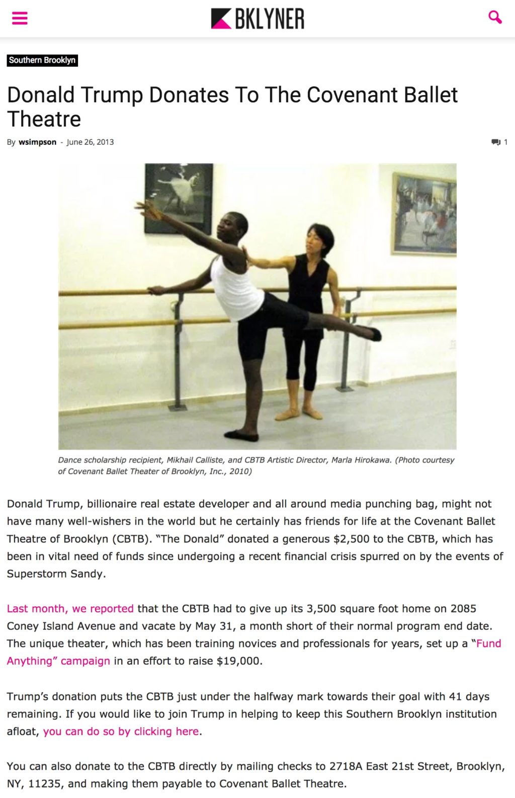 Donald Trump Donates To The Covenant Ballet Theatre