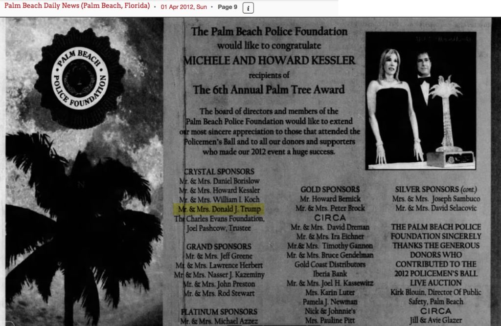 As printed in the April 1st 2012 Palm Beach Daily News, Mr. & Mrs. Donald Trump are thanked for being Crystal Sponsors of the Palm Beach Police Foundation's 2012 Policemen's Ball.