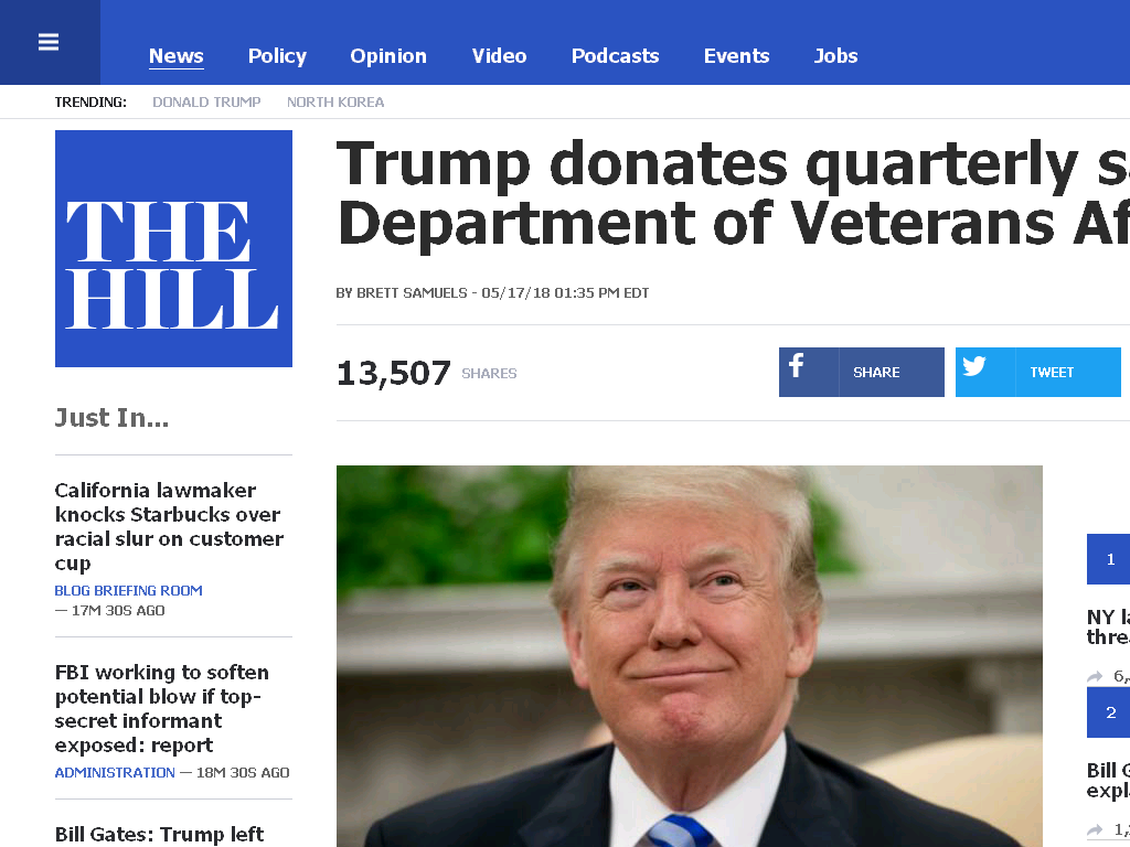 President Trump Donates his Entire First Quarterly Paycheck of 2018 ($100,000) to the Department of Veterans Affairs