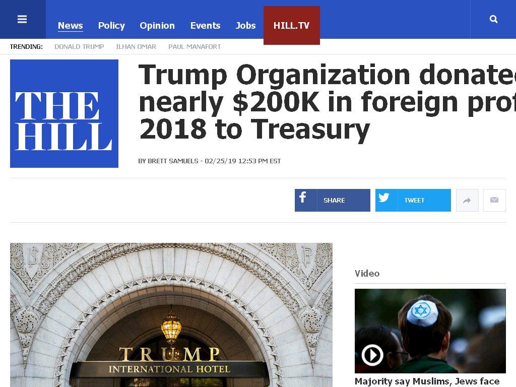 trump foreign business donate us treasury